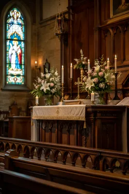 Historic Church Altar with Candles and Flowers