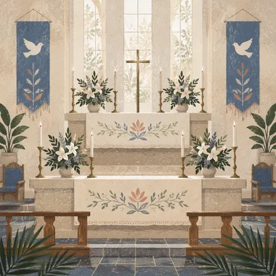 Serene Church Altar with Flowers and Candles