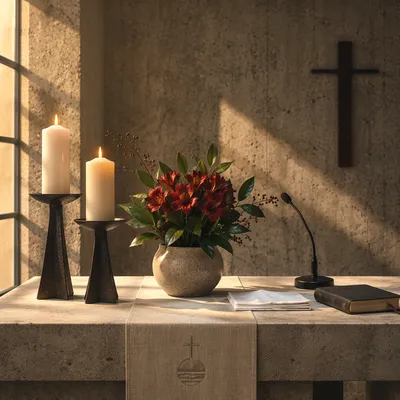 Quiet Church Altar With Flowers and Candles