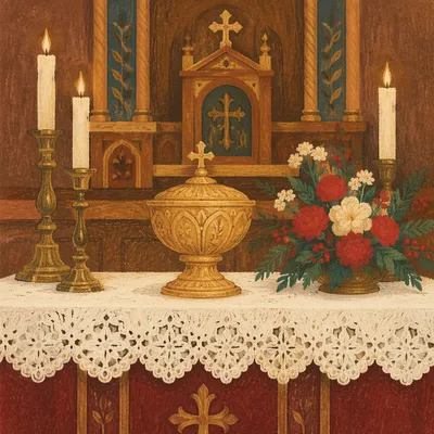 Peaceful Chapel Altar with Flowers and Candles
