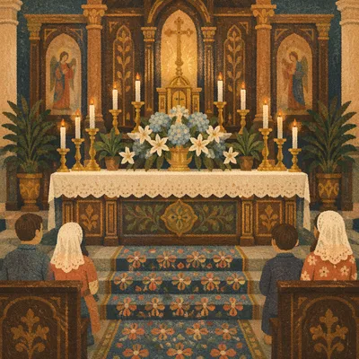 Traditional Church Altar with Flowers and Candles