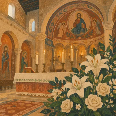 Historic Church Altar with Flowers and Candles