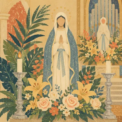 Church Altar Flowers with Candlelit Devotional Statue