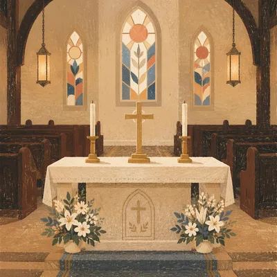 Reverent Church Altar with Candles and Flowers