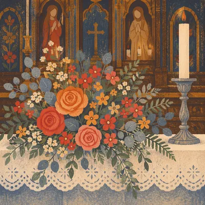 Church Altar Flowers and Candlelight