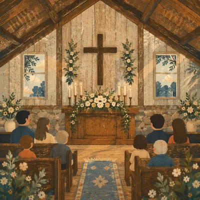 Rustic Chapel Altar with Flowers and Candles