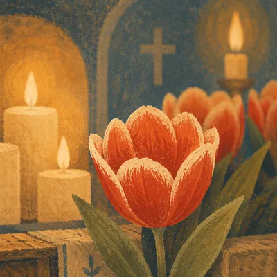 Red Tulips and Candles on Church Altar