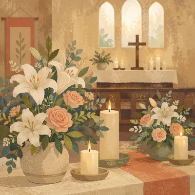 Candlelit Church Altar with Lilies and Roses