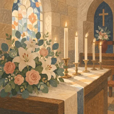 Peaceful Church Altar with Flowers and Candles