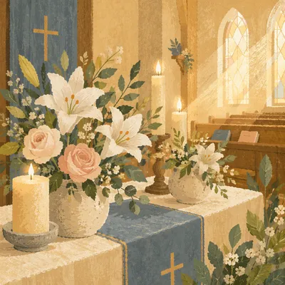 Morning Altar Flowers and Candlelight