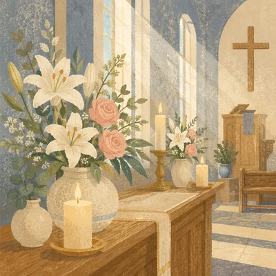 Church Altar Flowers and Glowing Candles