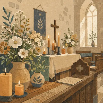 Candlelit Church Altar with Seasonal Flowers