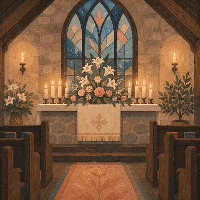 Chapel Altar Flowers and Candlelight Evening