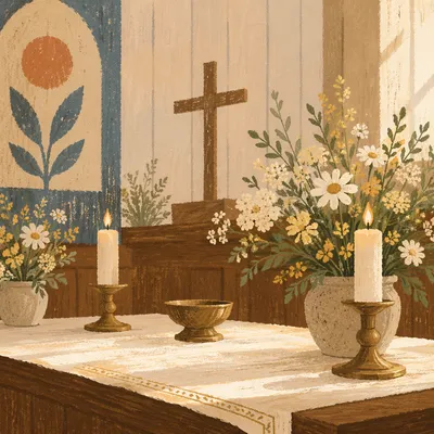 Peaceful Chapel Altar with Flowers and Candles
