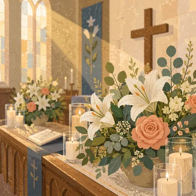 Morning Church Altar with Flowers and Candles