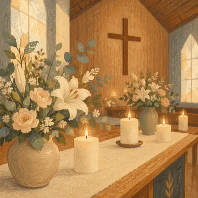 Peaceful Church Altar with Flowers and Candles