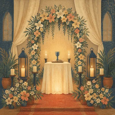 Candlelit Church Altar with Floral Arch
