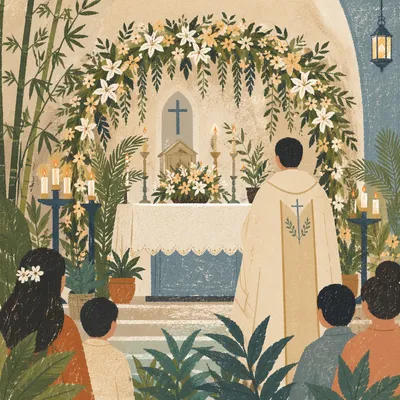 Candlelit Chapel Altar with Festival Flowers