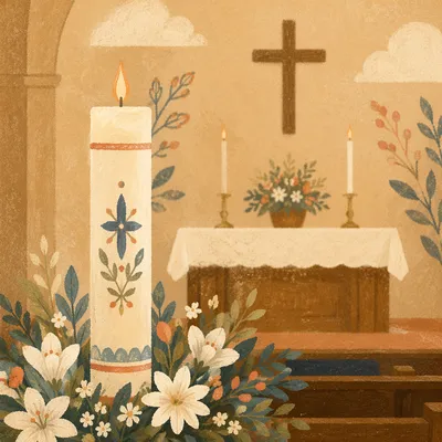 Quiet Church Altar with Flowers and Candles