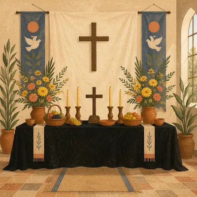 Folk Art Church Altar with Flowers and Candles