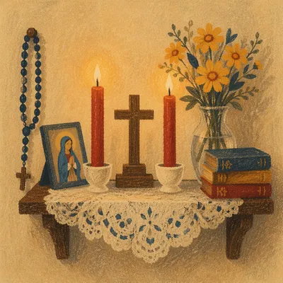 Home Altar with Candles and Yellow Flowers