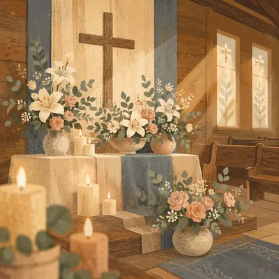 Peaceful Church Altar with Flowers and Candles