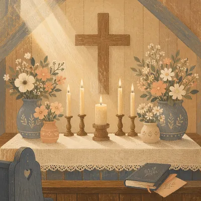Quiet Chapel Altar with Flowers and Candles