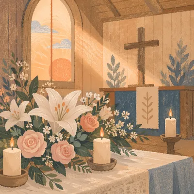 Quiet Chapel Altar with Flowers and Candles