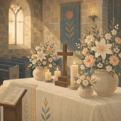Quiet Church Altar with Flowers and Candles