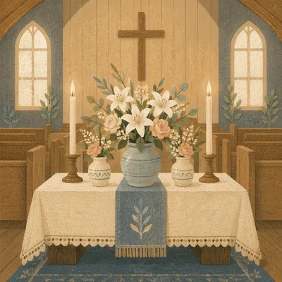 Quiet Church Altar with Flowers and Candles