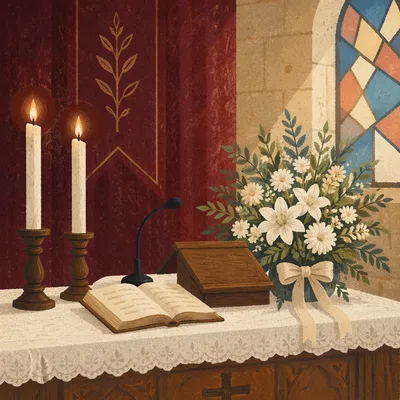Church Altar Flowers and Candlelight Worship