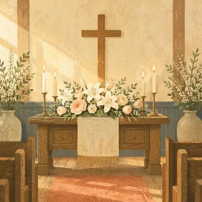 Morning Church Altar with Flowers and Candles