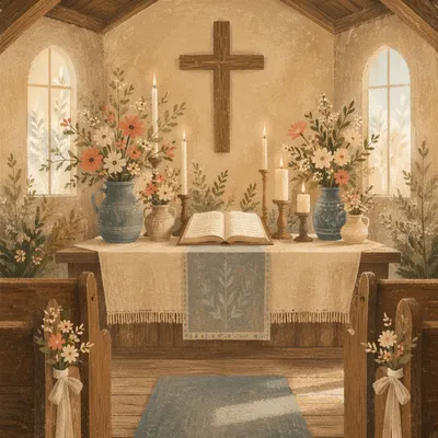 Quiet Chapel Altar with Flowers and Candles