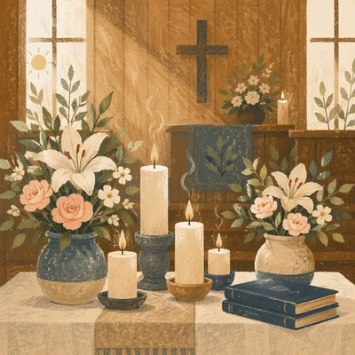 Quiet Church Altar with Flowers and Candles
