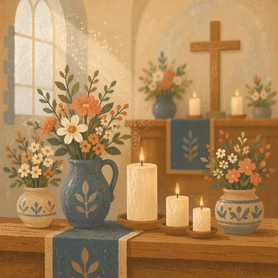 Quiet Church Altar with Flowers and Candles