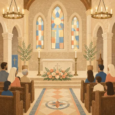 Sunlit Church Altar with Flowers and Candles