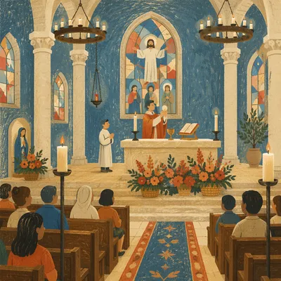 Church Altar Flowers and Candlelit Sanctuary