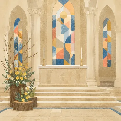 Serene Church Altar with Flowers and Candles