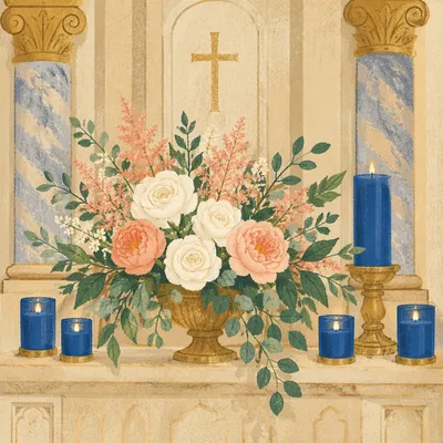 Traditional Church Altar Flowers with Blue Candles