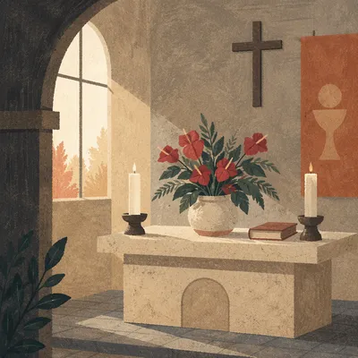 Quiet Church Altar with Flowers and Candles