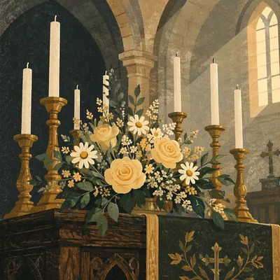 Quiet Church Altar with Flowers and Candles