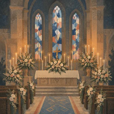 Candlelit Church Altar with Soft Flowers