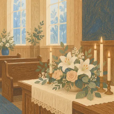 Quiet Chapel Altar with Flowers and Candles