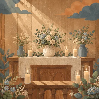 Peaceful Chapel Altar with Flowers and Candles