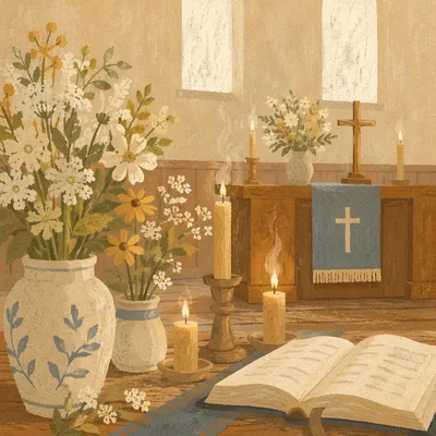 Sunday Chapel Altar with Flowers and Candles