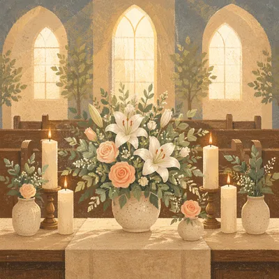 Peaceful Church Altar with Flowers and Candles