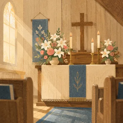 Quiet Sunday Altar with Flowers and Candles