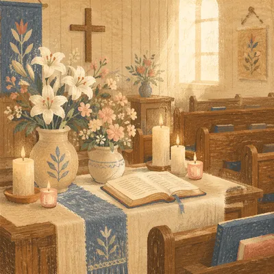 Quiet Chapel Altar with Flowers and Candles