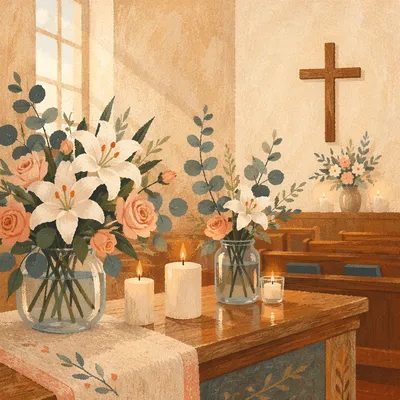 Quiet Church Altar with Flowers and Candles