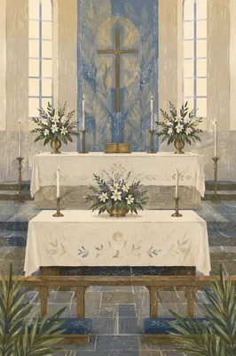 Serene Church Altar with Flowers and Candles